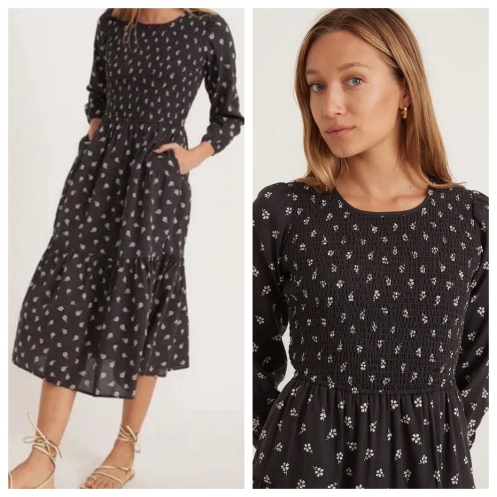 MARINE LAYER Camille Womens XS Gray Midi Dress Smocked Ditsy Floral Cottagecore - Picture 2 of 14